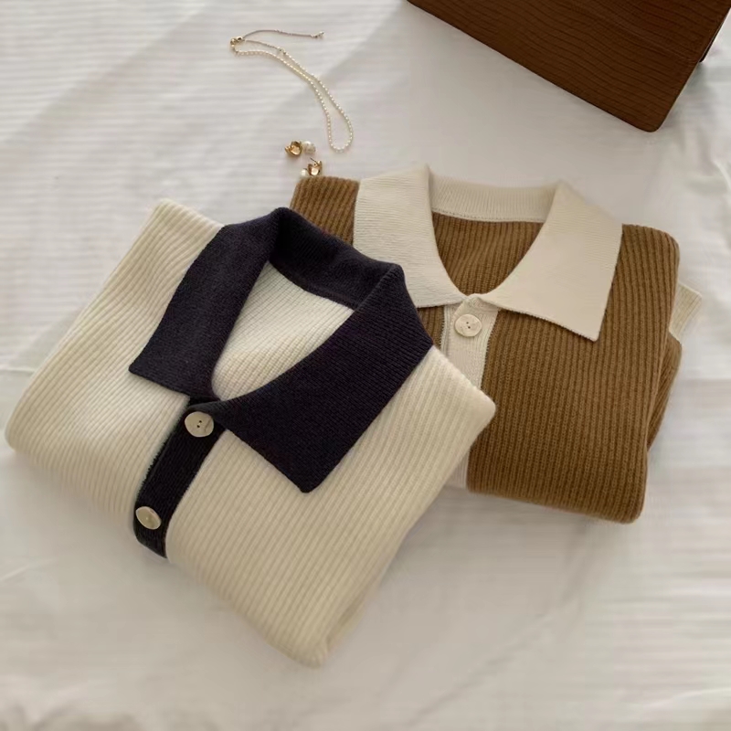 Crop Cardigan Vintage - Korean Long Sleeve Loose Polo Collar