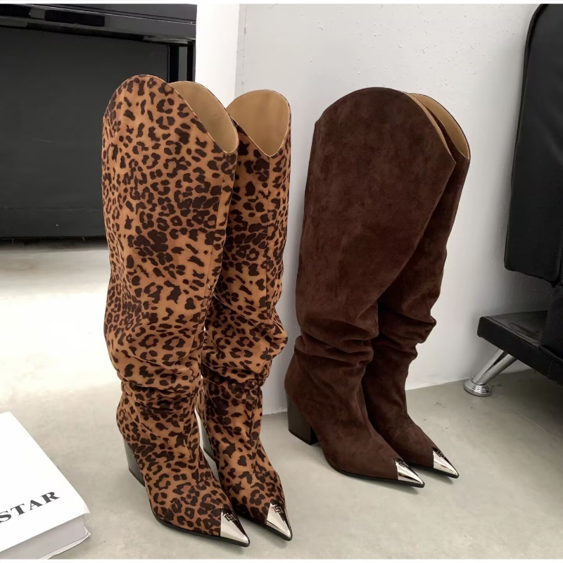 Vintage Fashion Heels - Leopard Print Vintage Pleated Soft Boots