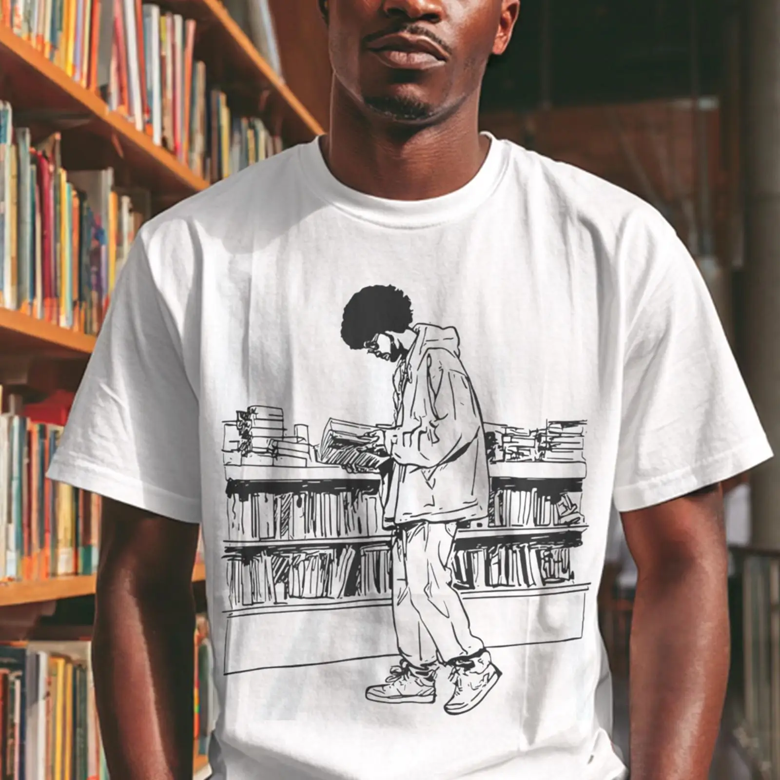Vintage Fashion Knitwear Book - Afro Man Reading in Library T