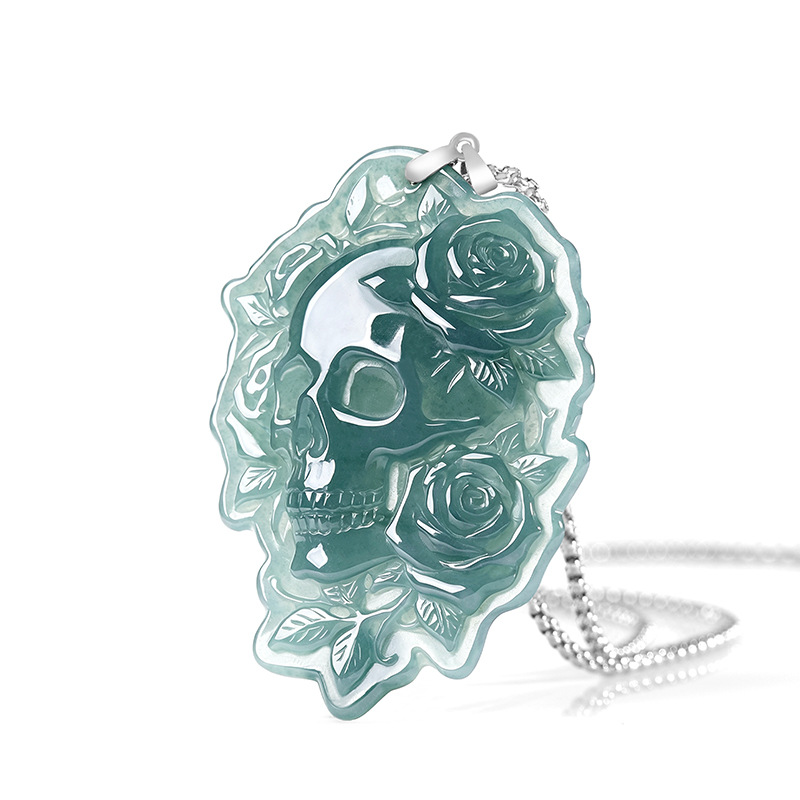 Usa Vintage Fashion - Natural Burmese Jadeite Skull Pendant Necklace