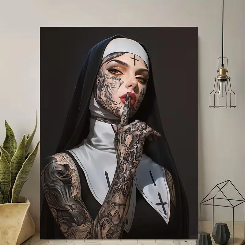 Fashion Girl Tattoo Nun Canvas - Vintage Fashion Prints For Wall recension och pris