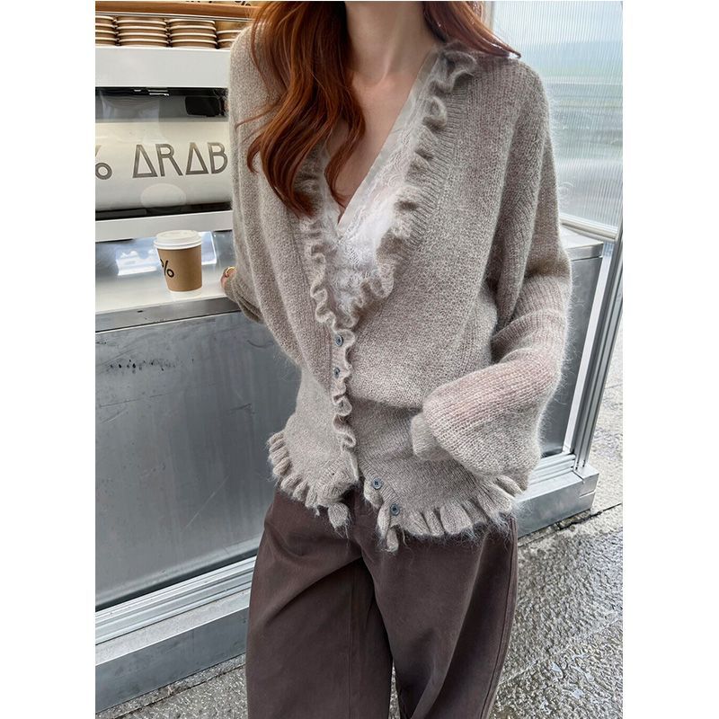 Korean Style V-neck Ruffled Sw - Crop Cardigan Vintage recension och pris