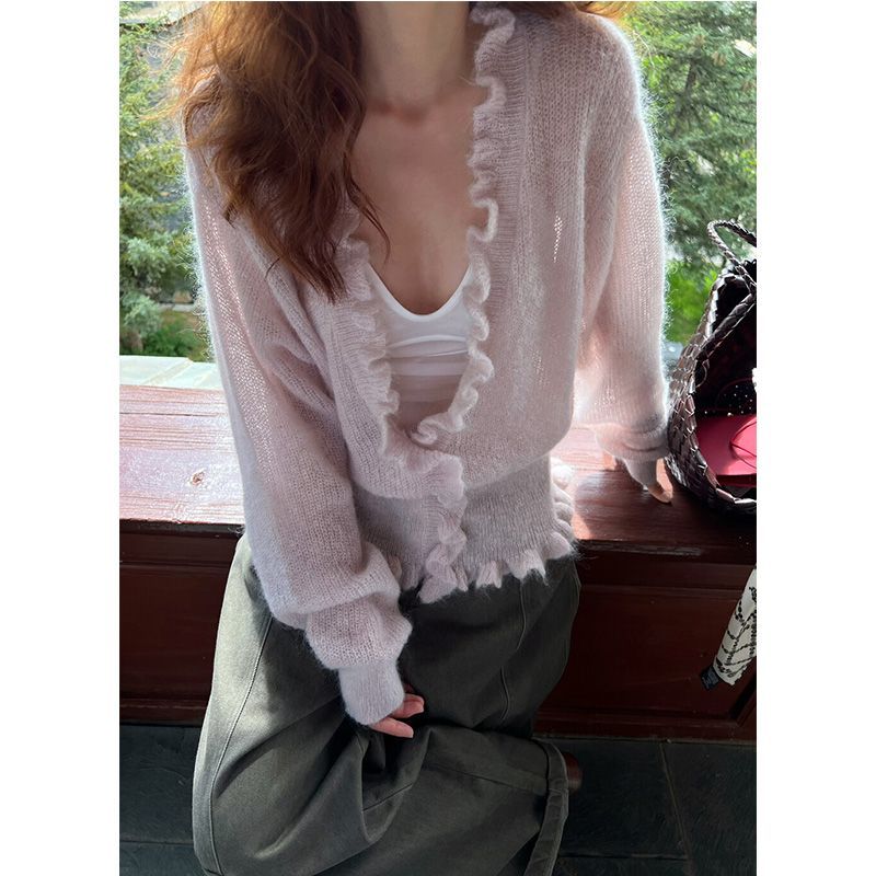 Korean Style V-neck Ruffled Sw - Crop Cardigan Vintage recension och pris
