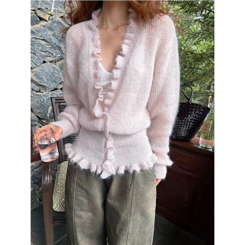 Korean Style V-neck Ruffled Sw - Crop Cardigan Vintage recension och pris