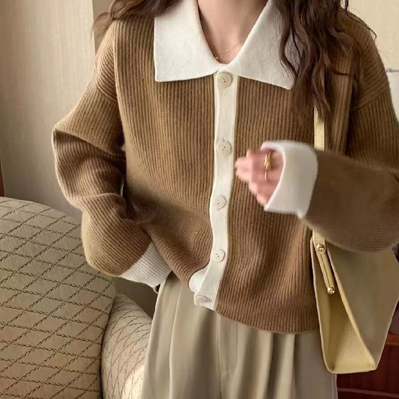Korean Long Sleeve Loose Polo  - Crop Cardigan Vintage recension och pris