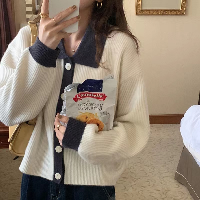 Korean Long Sleeve Loose Polo  - Crop Cardigan Vintage recension och pris