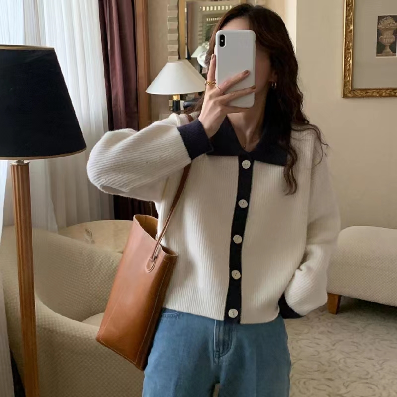 Korean Long Sleeve Loose Polo  - Crop Cardigan Vintage recension och pris