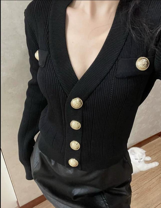 Gold Button Front Knit Cardiga - Crop Cardigan Vintage recension och pris