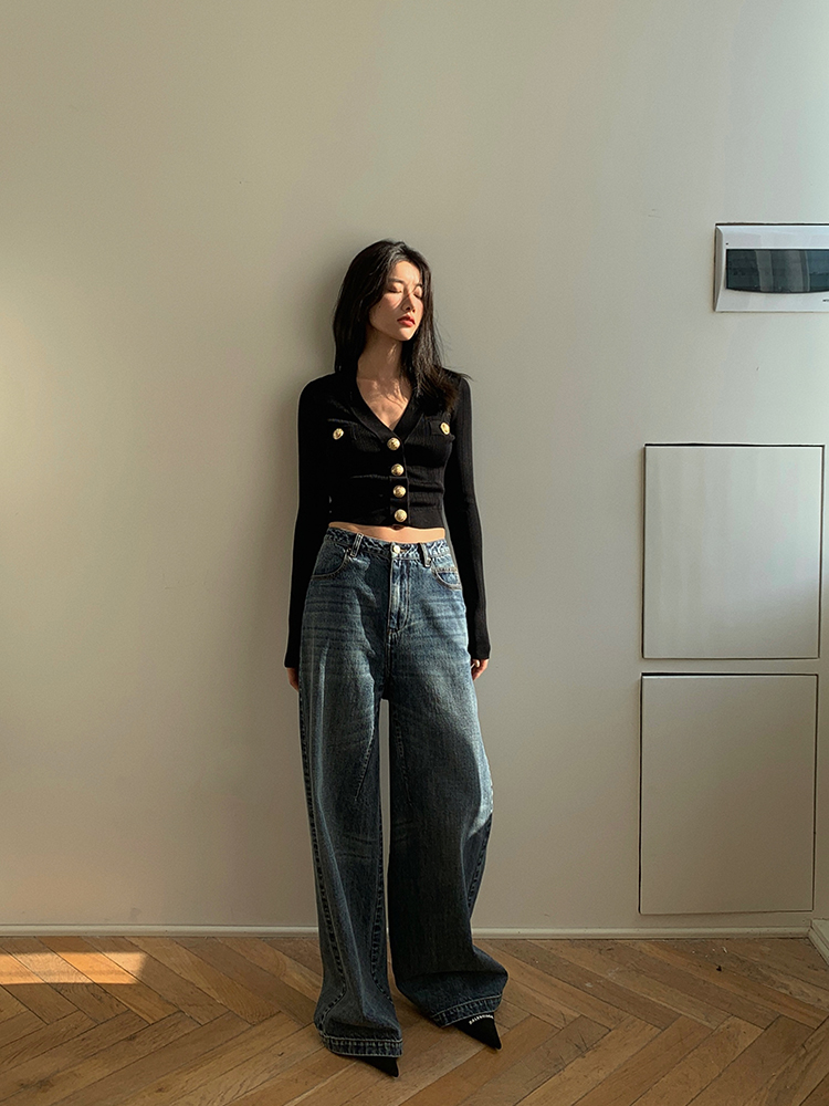 Gold Button Front Knit Cardiga - Crop Cardigan Vintage recension och pris